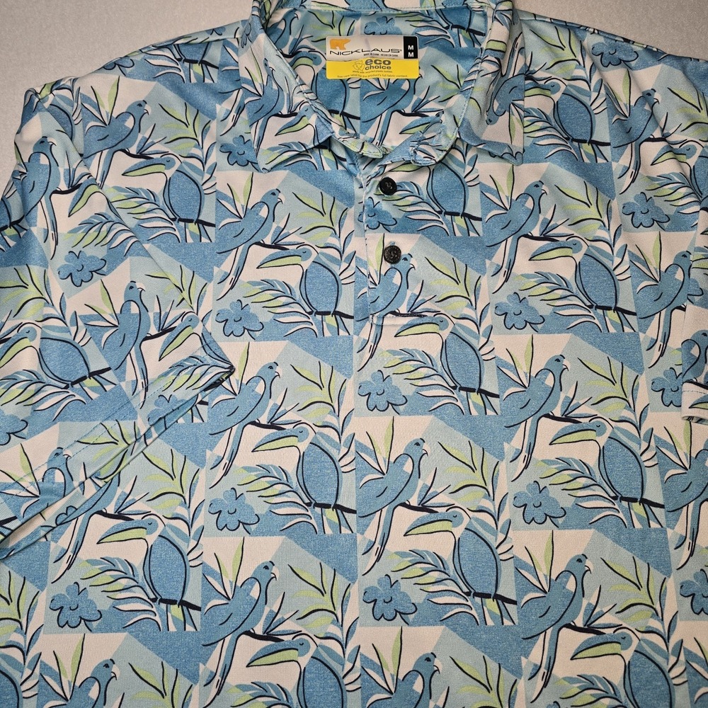 Jack‎ Nicklaus Eco Choice Golf Polo Shirt Mens M Blue Toucan Tropical Bird AOP